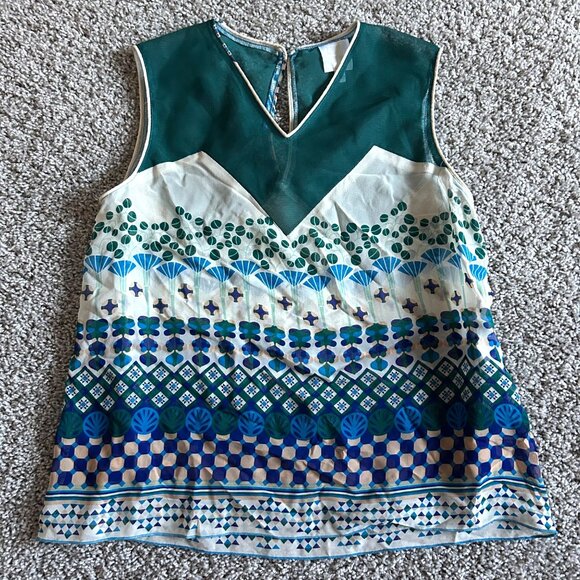 Anna Sui Womens Sz 8 Sleeveless Patterned Chiffon Top Geometric Design - Picture 2 of 10